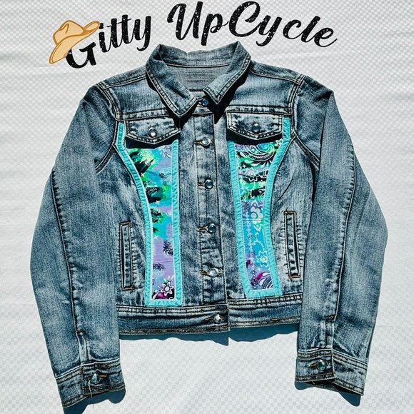 Upcycled colorful Boho Jean Jacket with velvet trim and black trim - L - Picture 2 of 3